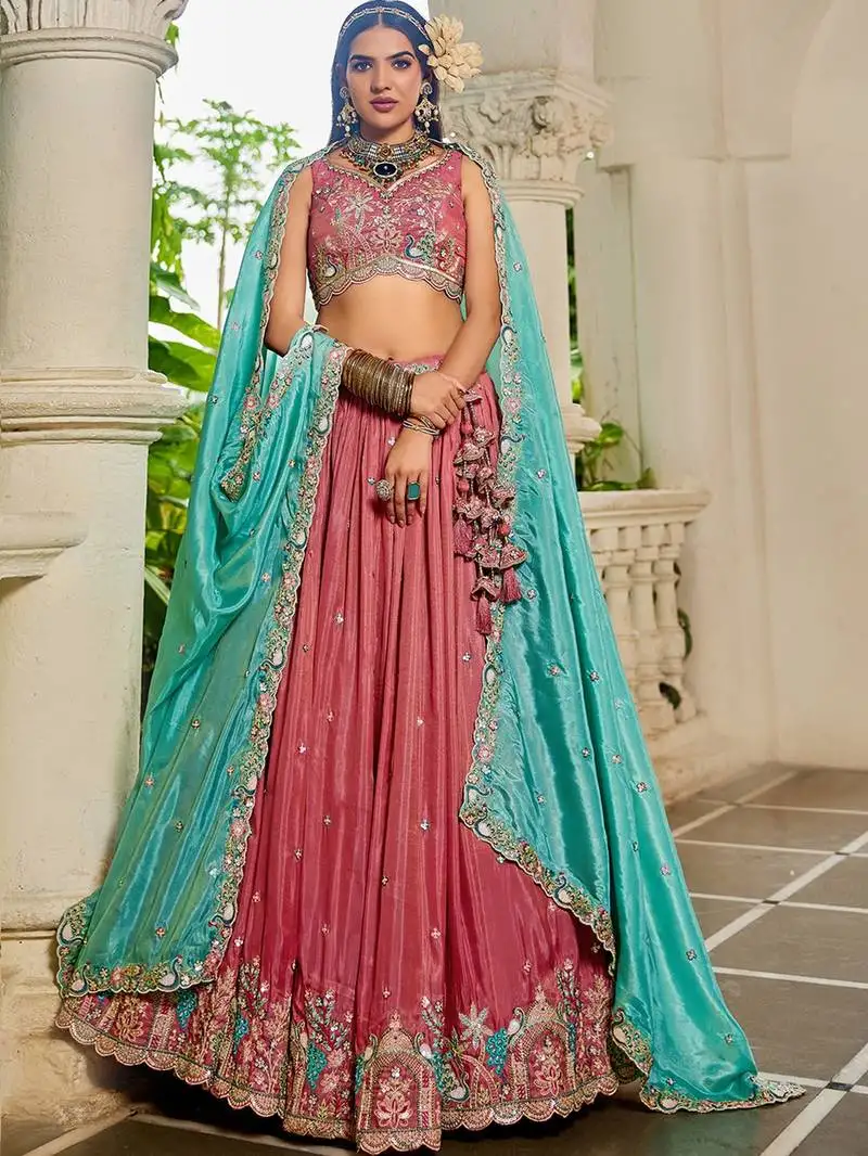 Pink satin sequin embroidery semi stitched lehenga choli with dupatta