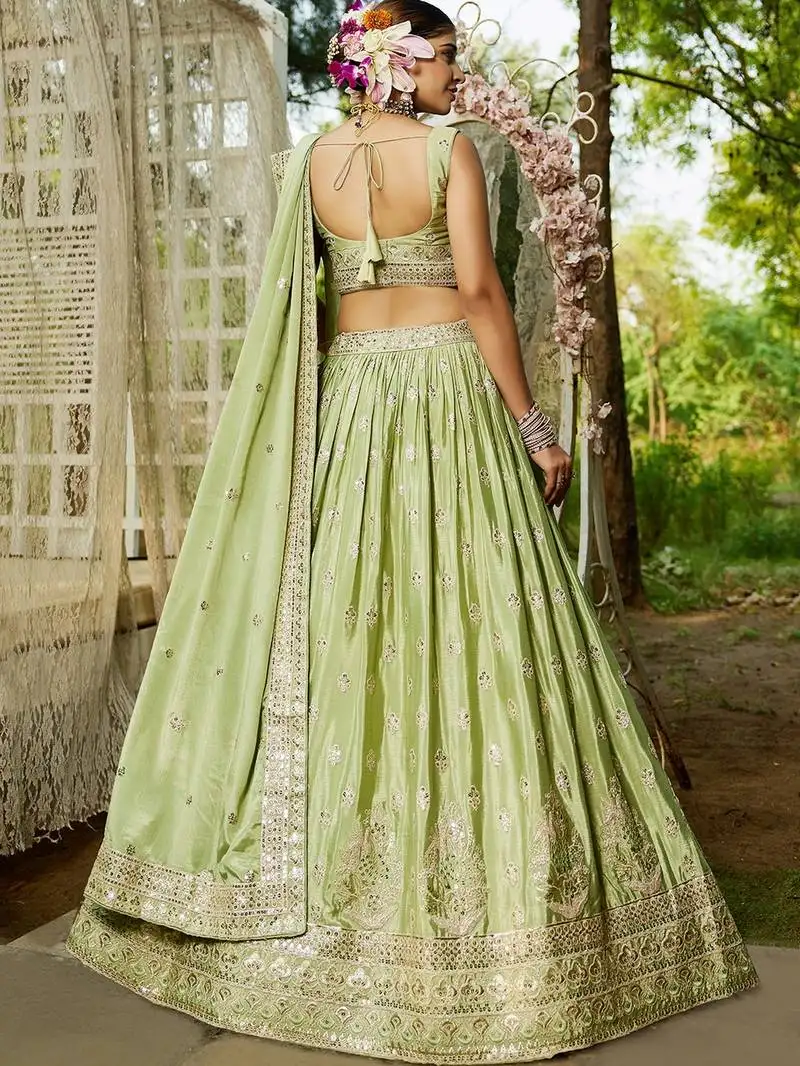 Lime green chiffon sequin embroidery semi stitched lehenga choli with dupatta