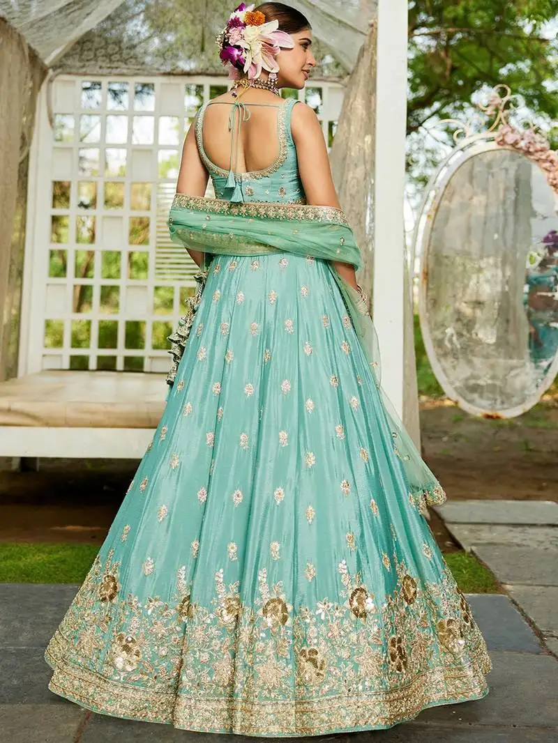 Sea green chinnon sequin embroidery semi stitched lehenga choli with dupatta