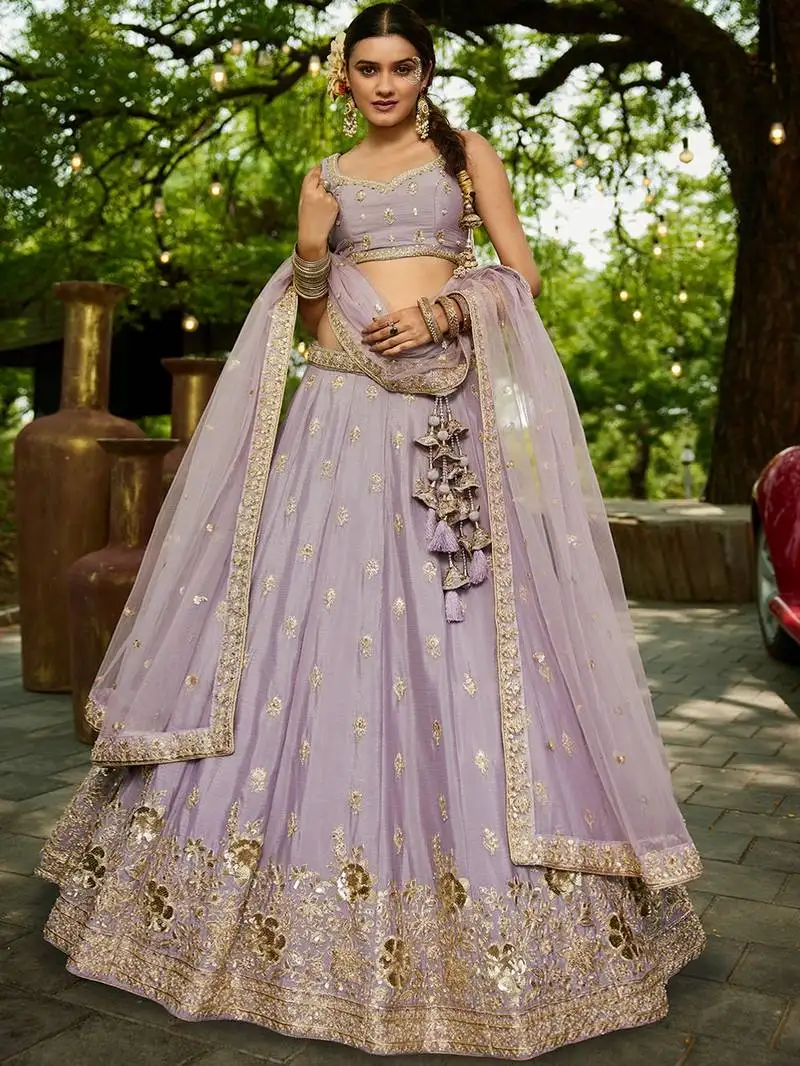 Mauve chinnon sequin embroidery semi stitched lehenga choli with dupatta