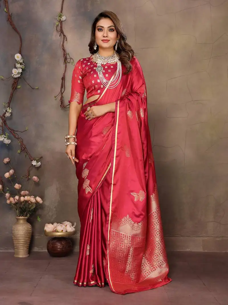 Magenta satin silk floral motifs zari weaving banarasi saree