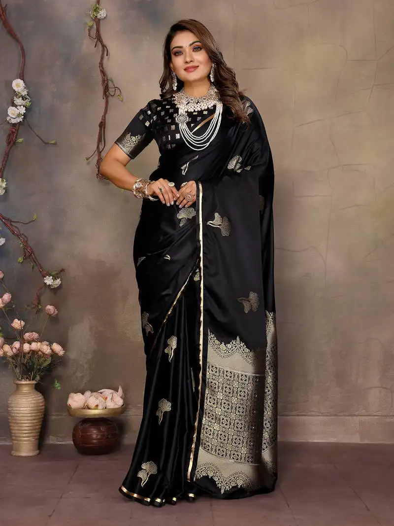 Black satin silk floral motifs zari weaving banarasi saree