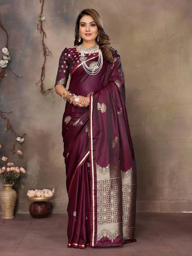 Maroon satin silk floral motifs zari weaving banarasi saree