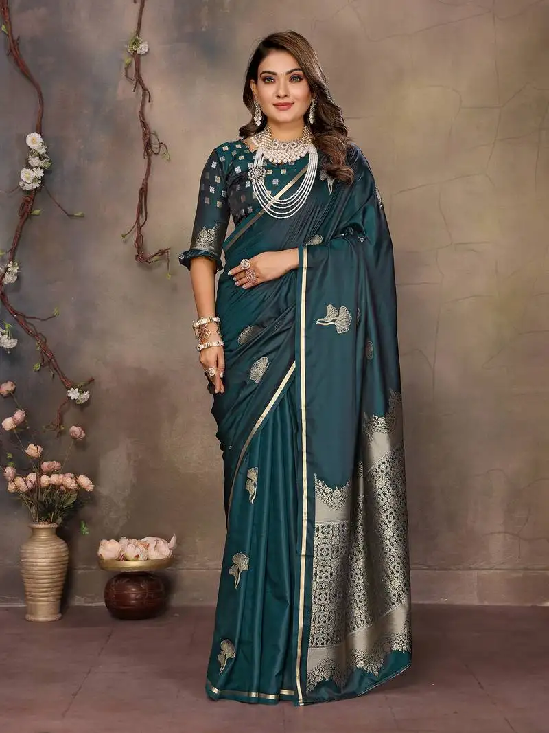 Teal satin silk floral motifs zari weaving banarasi saree