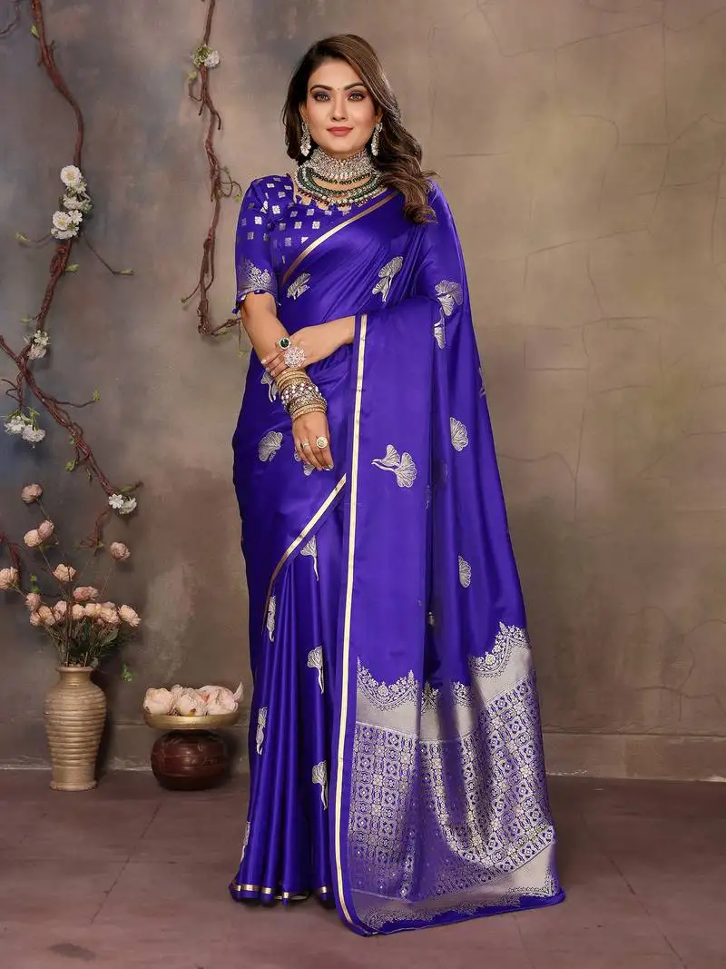 Royal blue satin silk floral motifs zari weaving banarasi saree