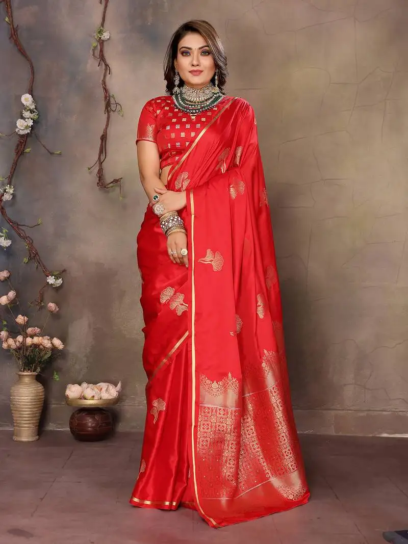 Red satin silk floral motifs zari weaving banarasi saree