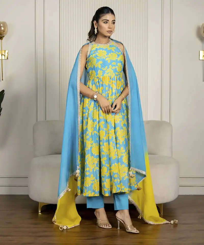 Teal blue & yellow chanderi floral printed anarkali set