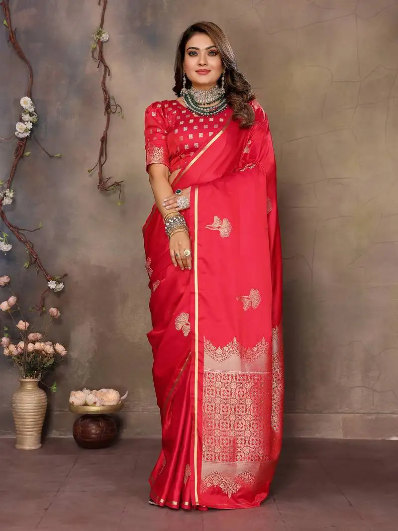 Pink satin silk floral motifs zari weaving banarasi saree