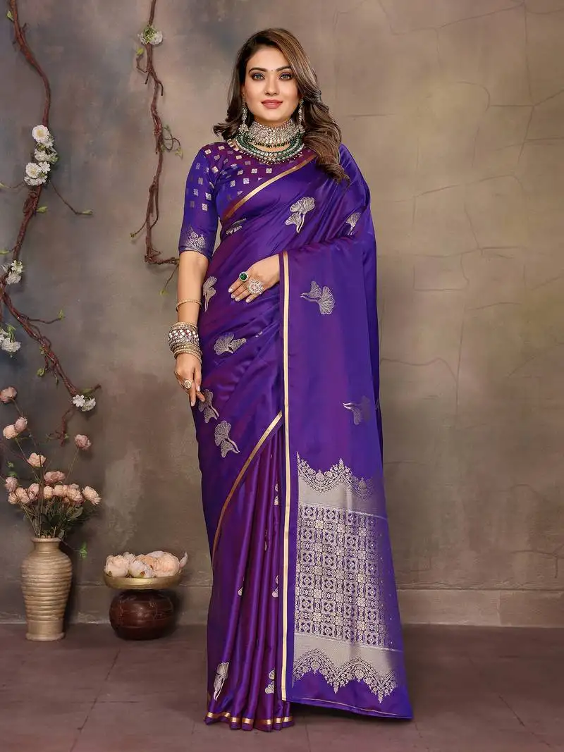 Purple satin silk floral motifs zari weaving banarasi saree