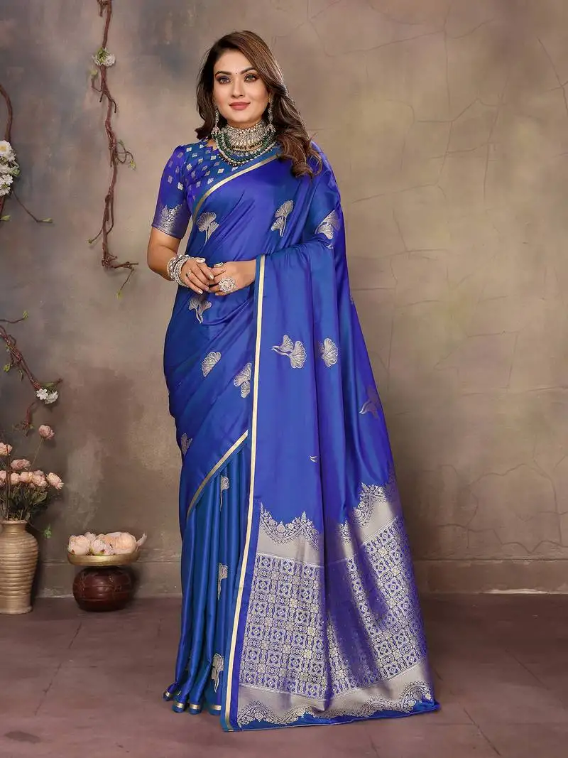 Blue satin silk floral motifs zari weaving banarasi saree
