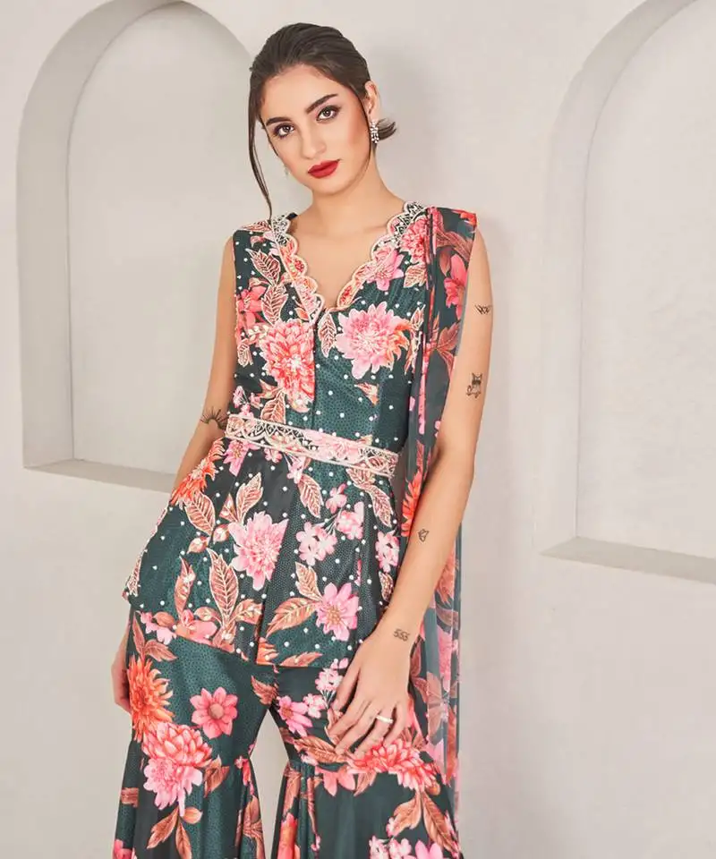 Emerald green embroidered floral printed sharara set