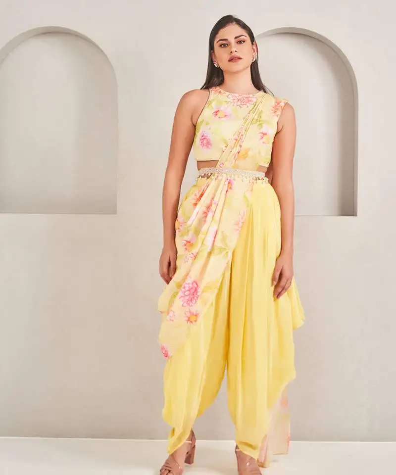 Yellow silk floral printed dhoti with blouse & attached drape