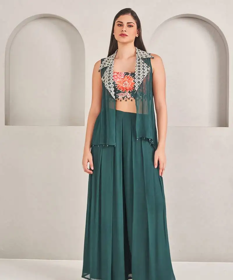 Emerald green satin plain pallazo set