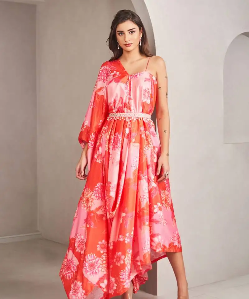 Coral satin floral printed gown