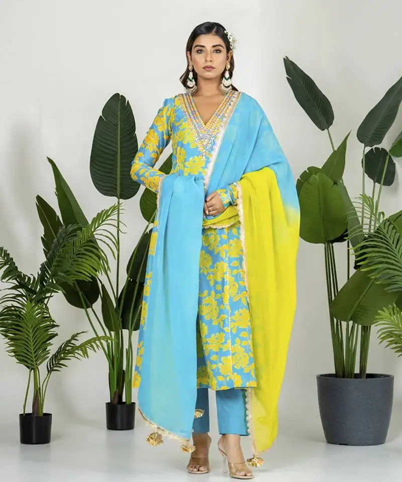 Teal blue & yellow chanderi floral printed kurta set