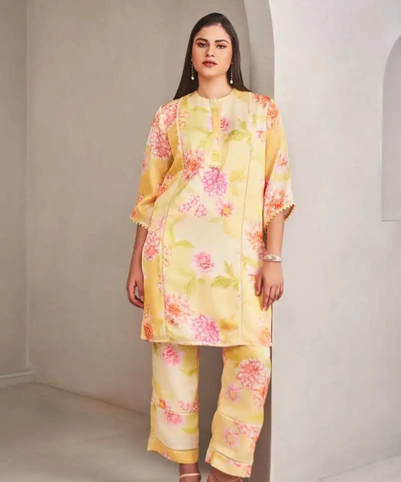 Yellow satin floral printed kurta with pants
