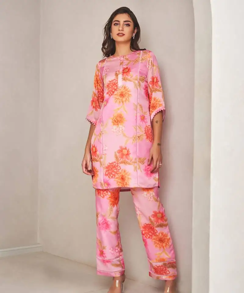 Lavender satin floral printed kurta with pant