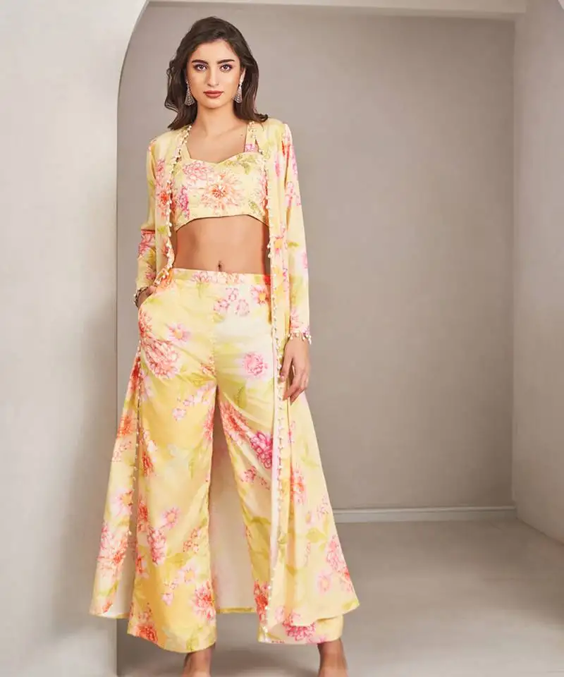 Yellow satin floral printed jacket set