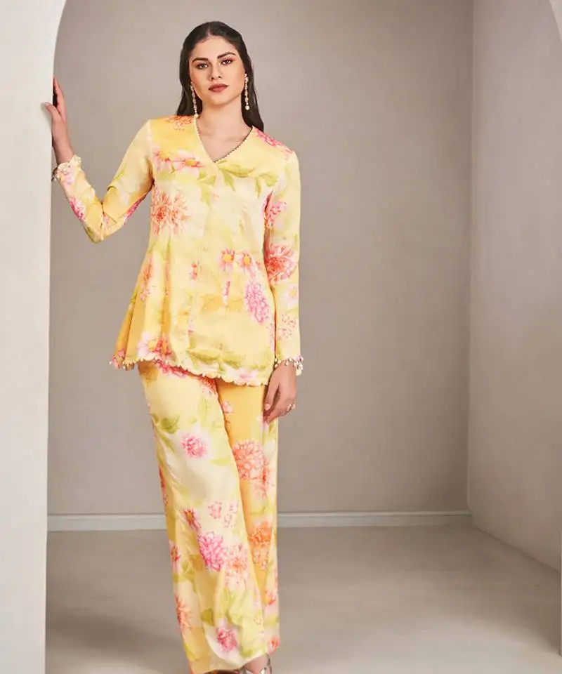 Yellow satin floral printed top with pants