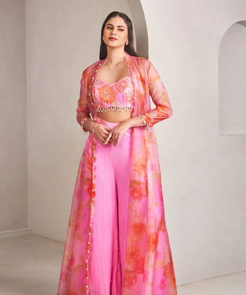 Lavender georgette floral printed cape set