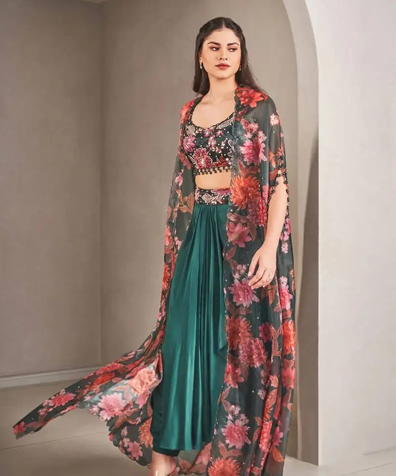 Multicolor silk floral printed cape set