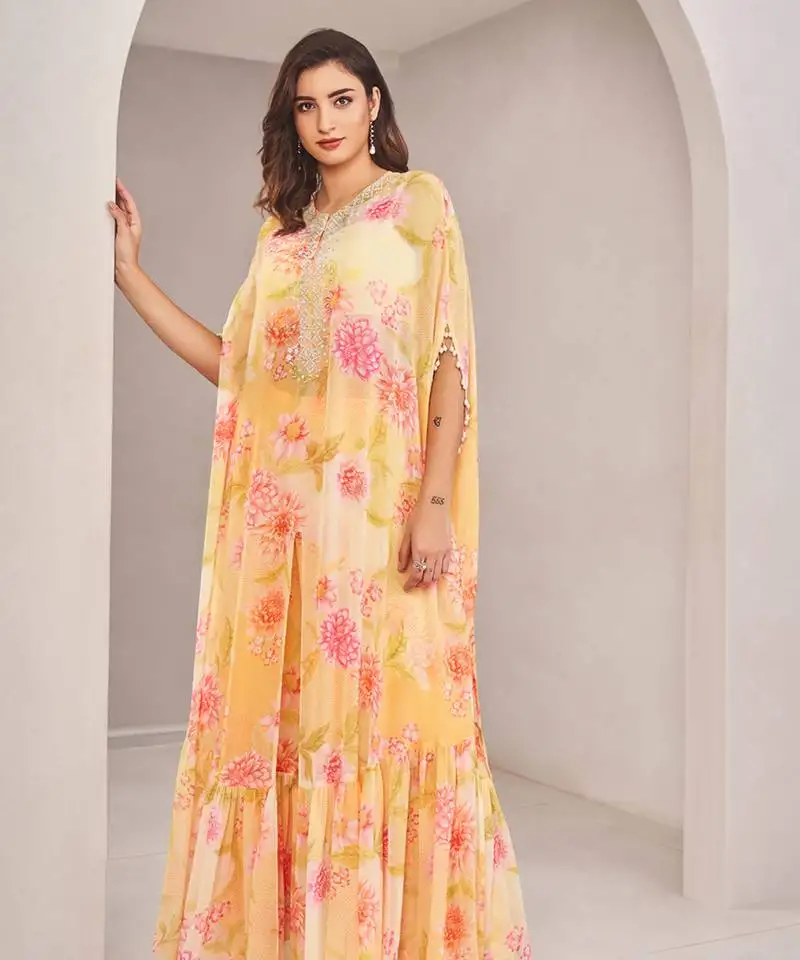 Yellow georgette floral printed cape set