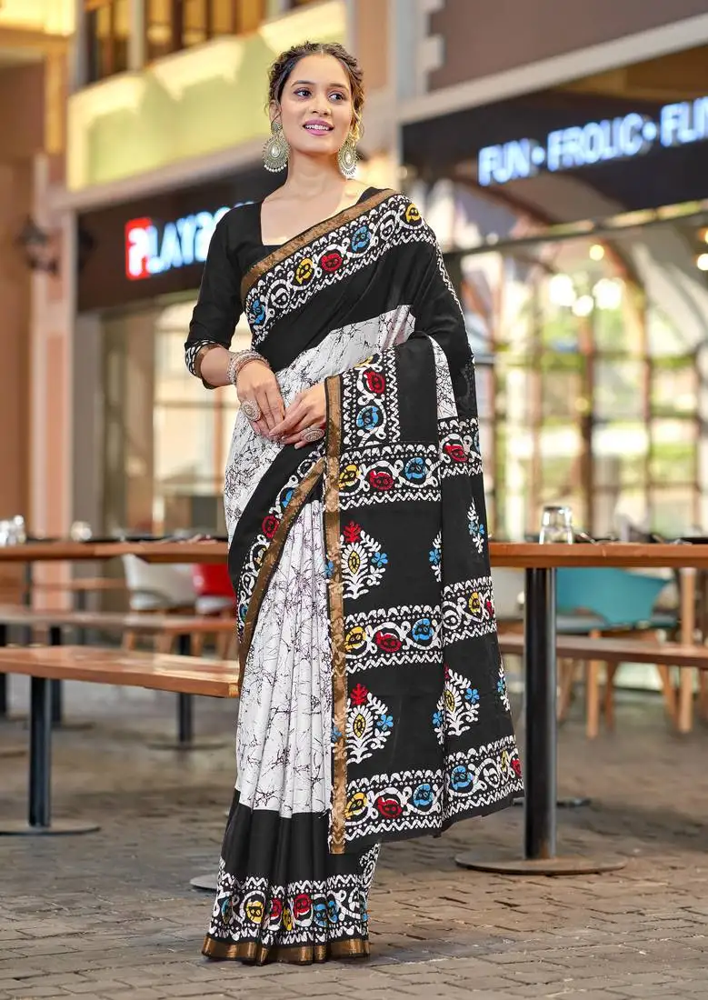 Black modal mulcotton bagru block print saree with unstitched blouse piece
