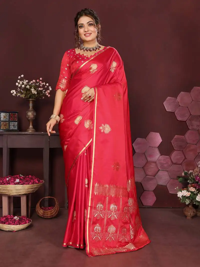 Reddish-pink satin silk floral motifs zari weaving banarasi saree
