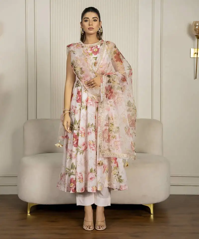 Peach chanderi floral printed anarkali set