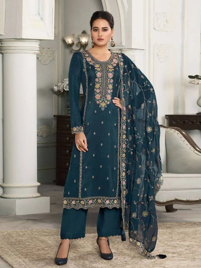 Blue embroidered muga silk semi-pakistani salwar suit semi stitched
