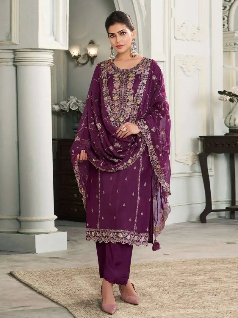 Purple embroidered muga silk semi-pakistani salwar suit semi stitched