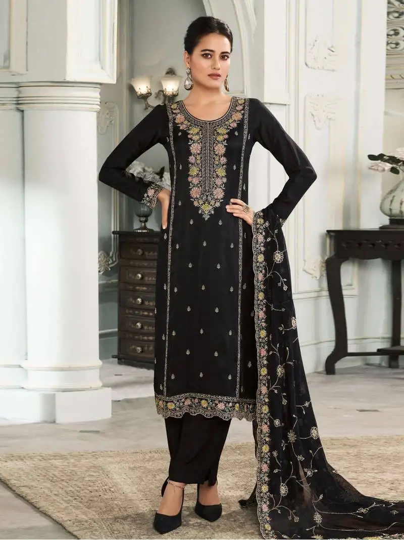 Black embroidered muga silk semi-pakistani salwar suit semi stitched