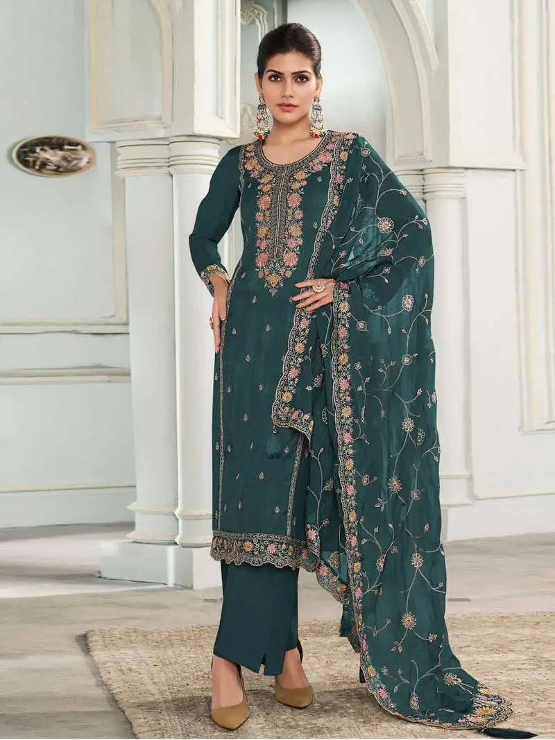Rama embroidered muga silk semi-pakistani salwar suit semi stitched