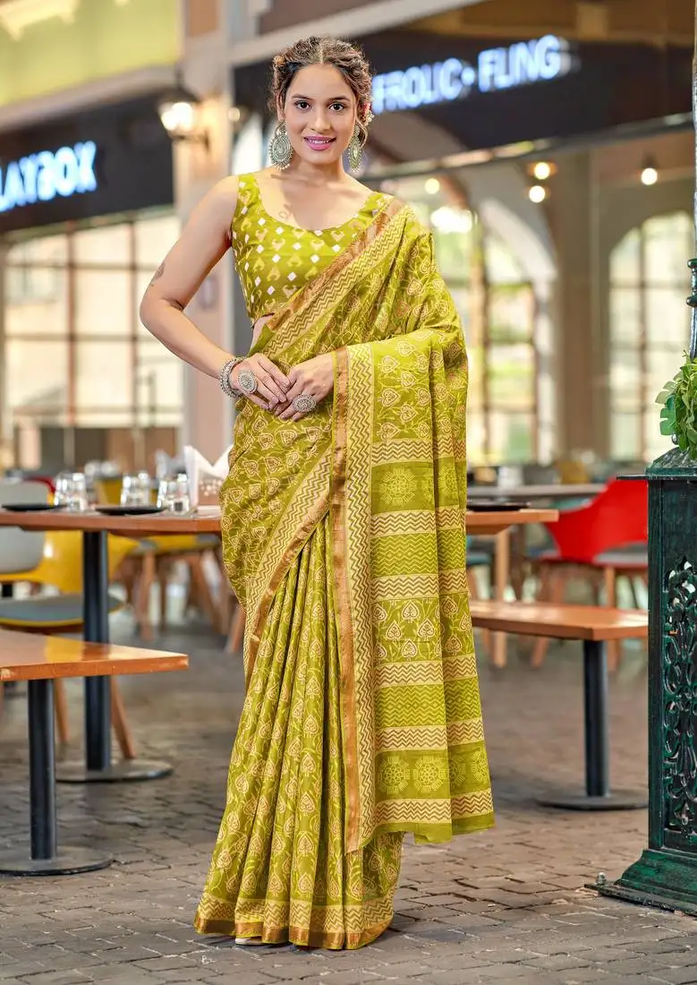 Olive green mul cotton bagru block print saree with unstitched blouse