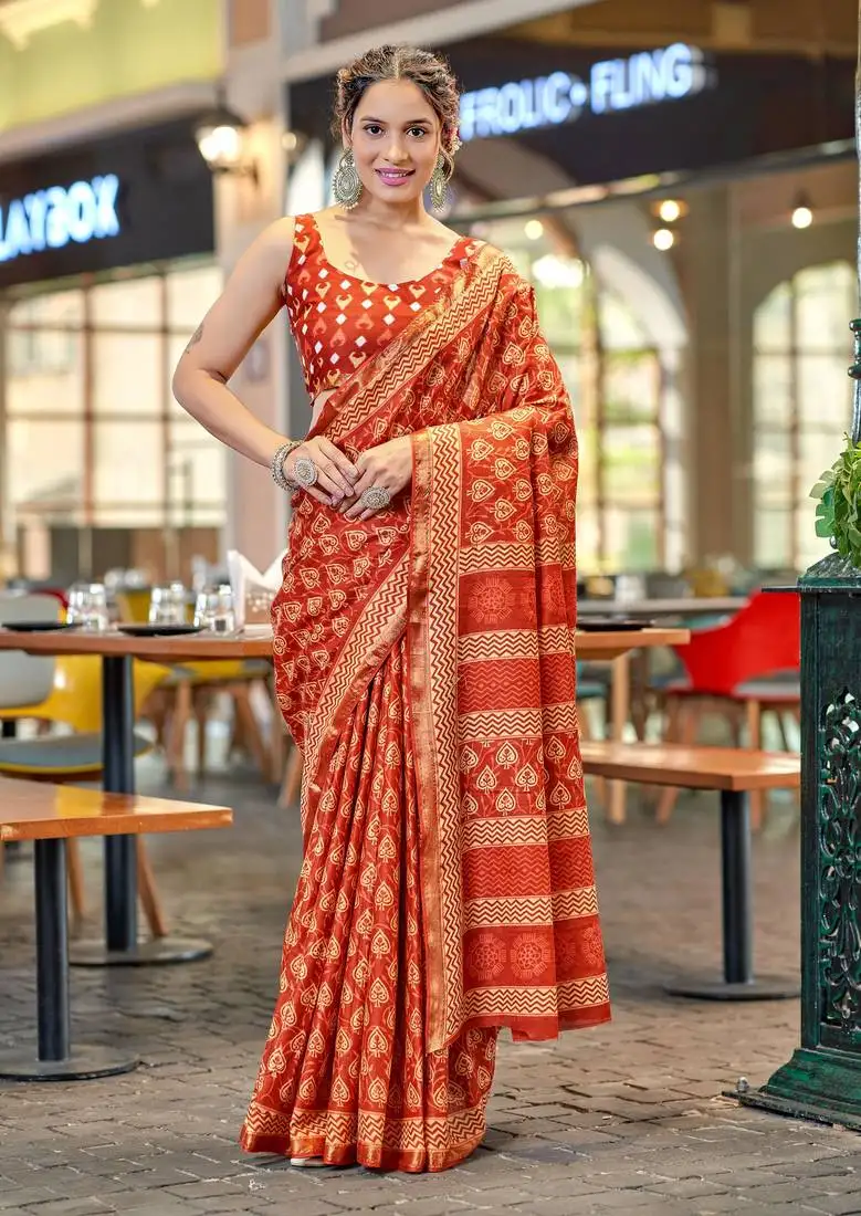 Orange mulcotton bagru block print saree with unstitched blouse