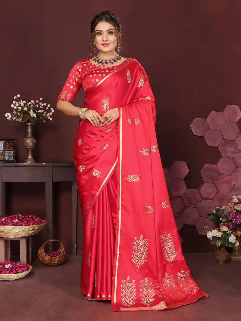 Redise pink satin silk floral motifs zari weaving banarasi saree