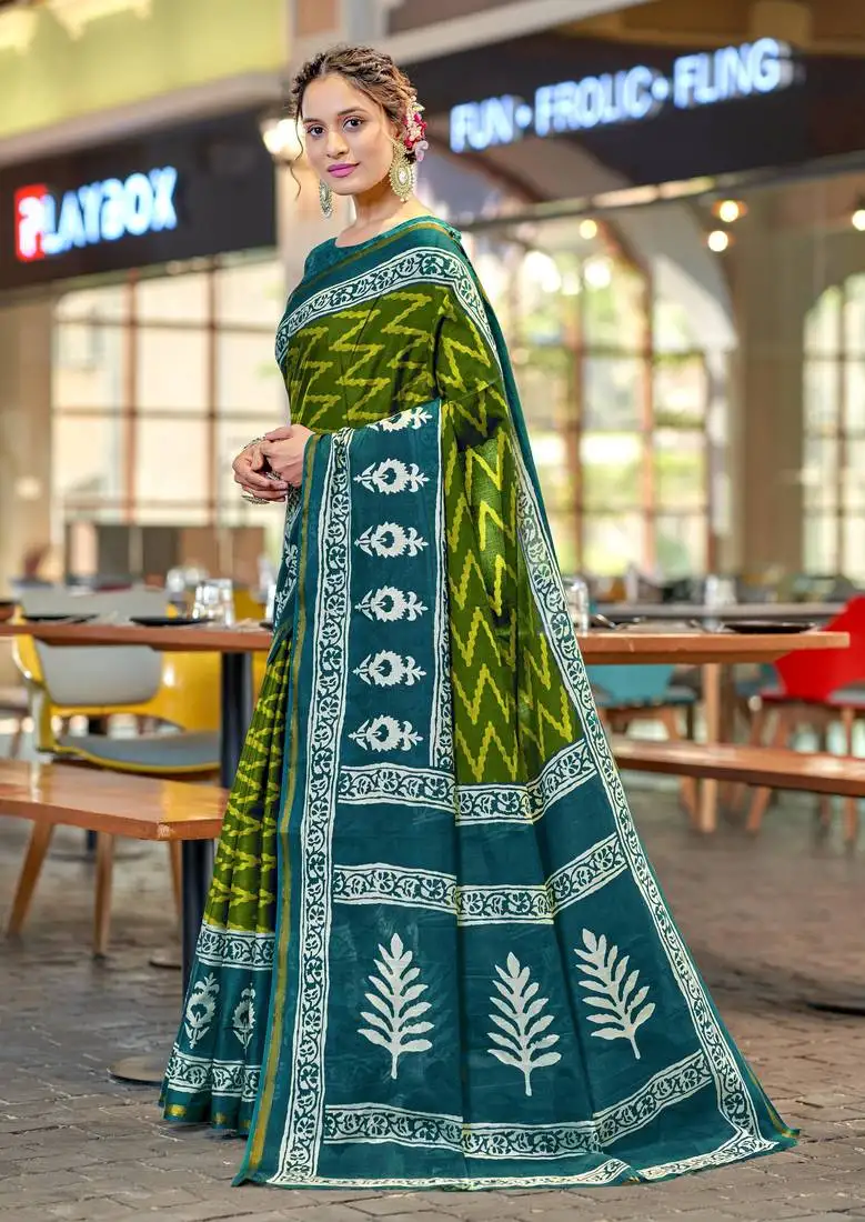 Green mulcotton bagru block print saree with unstitched blouse