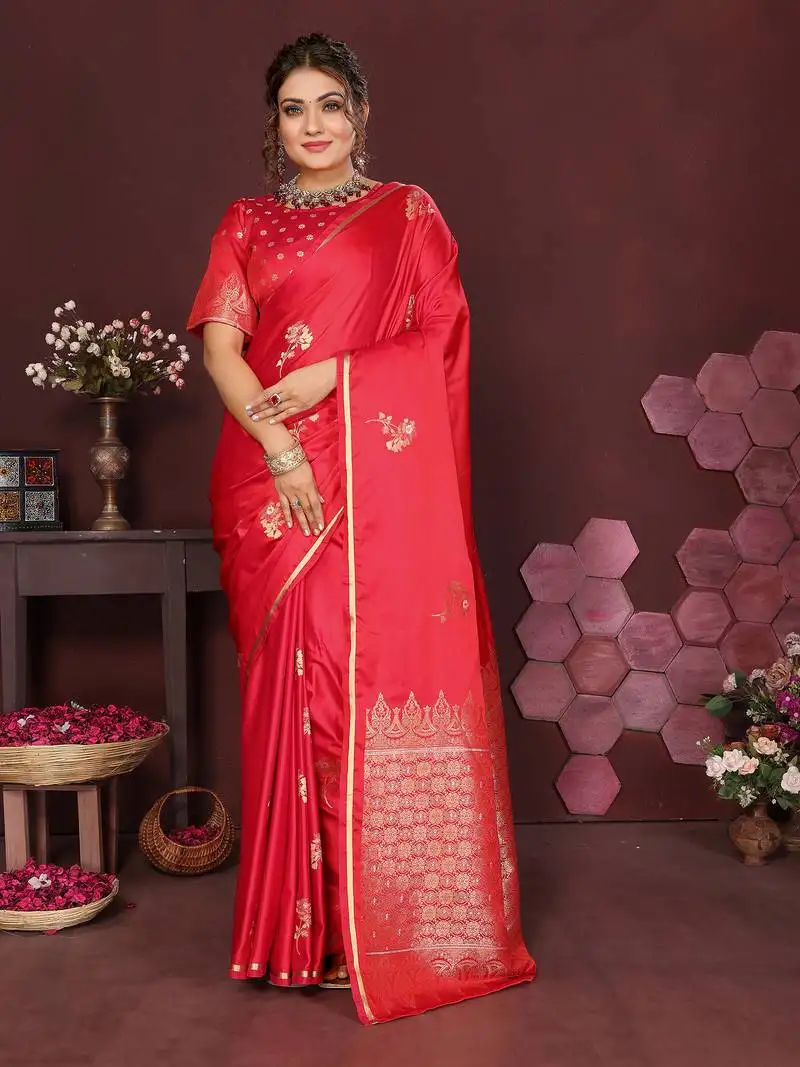 Reddish pink satin silk floral print zari weaving banarasi saree