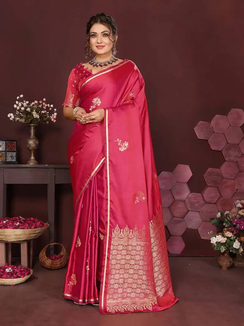Pink satin silk floral print zari weaving banarasi saree