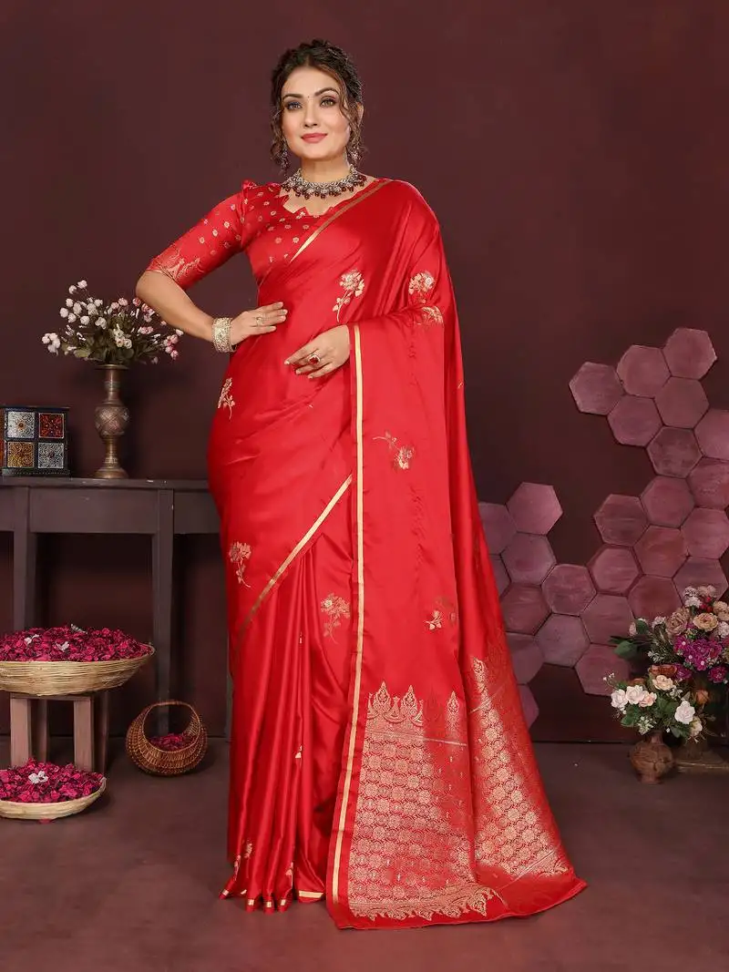 Red satin silk floral print zari weaving banarasi saree