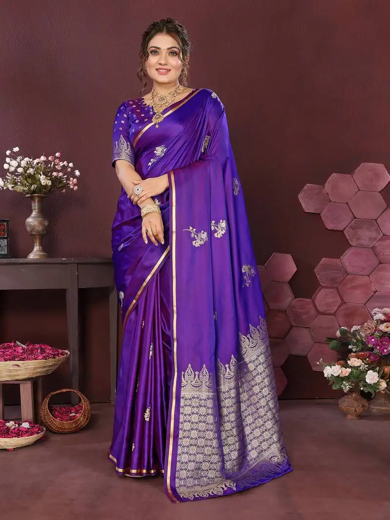 Rich purple satin silk floral print zari weaving banarasi saree