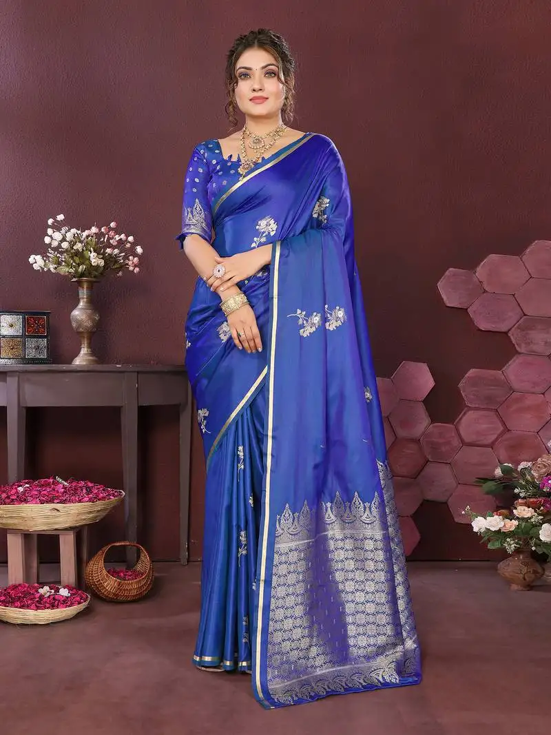 Blue satin silk floral print zari weaving banarasi saree