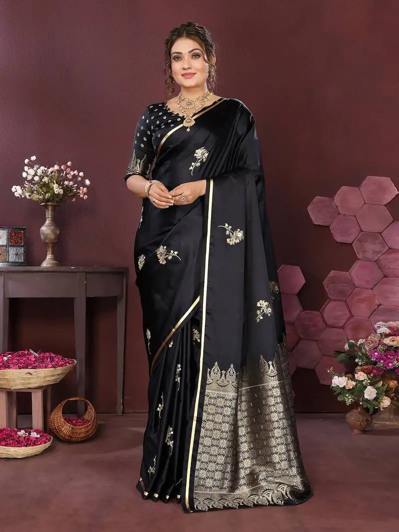 Black satin silk floral print zari weaving banarasi saree