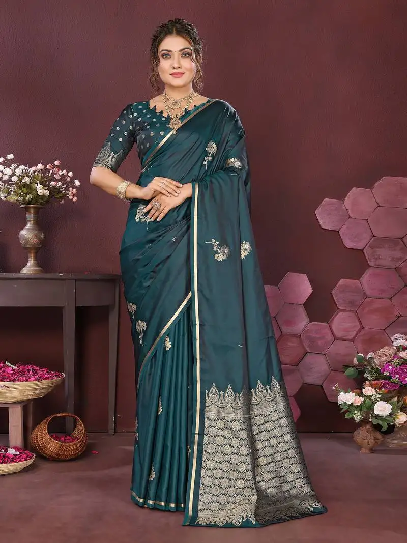 Teal satin silk floral print zari weaving banarasi saree