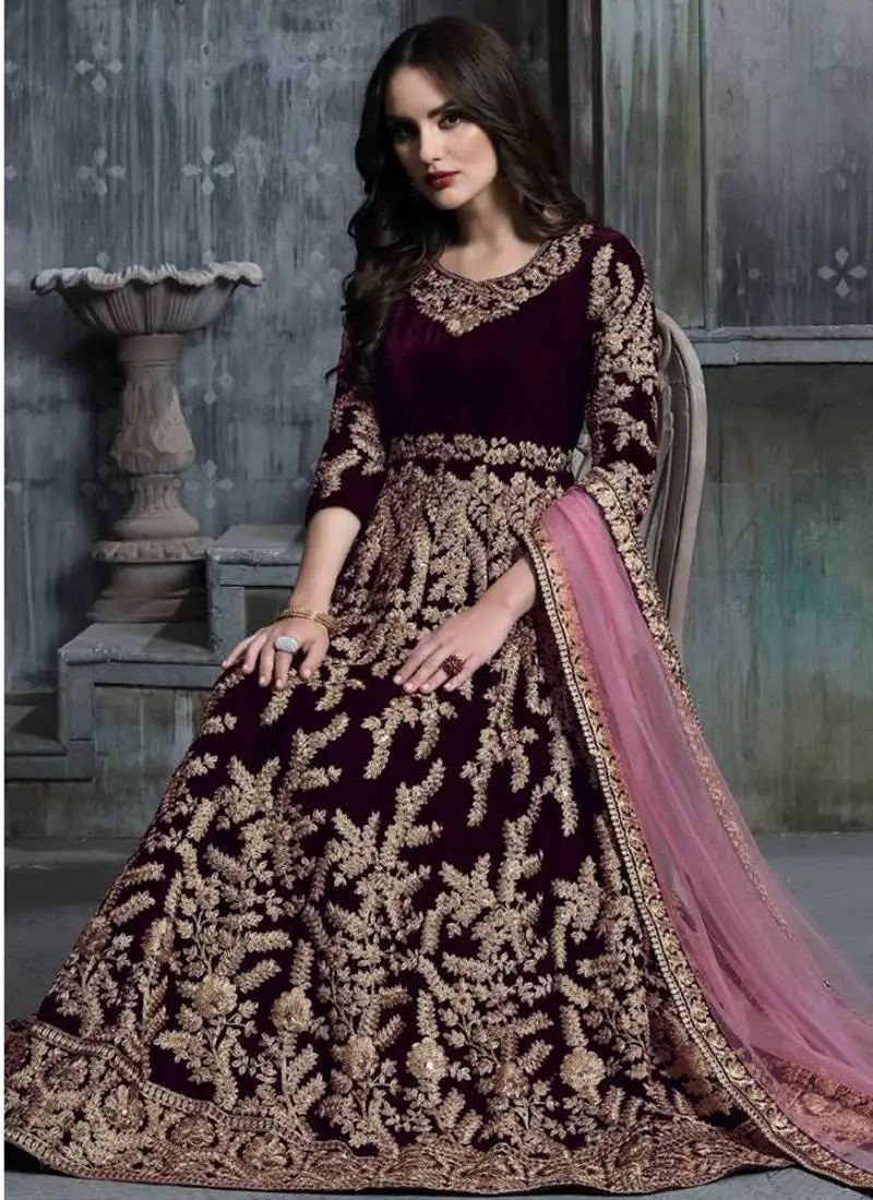 Wine velvet resham embroidered anarkali suit semi stitched
