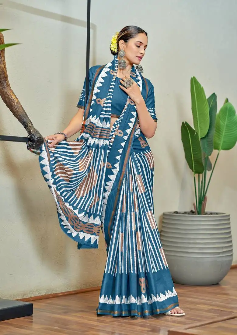 Blue mulmul cotton printed zari border saree with unstitched blouse piece