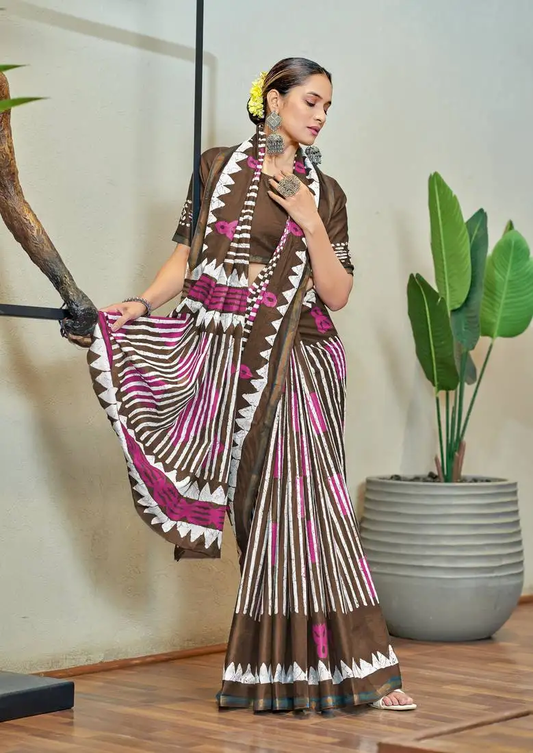 Brown mulmul cotton printed zari border saree with unstitched blouse piece