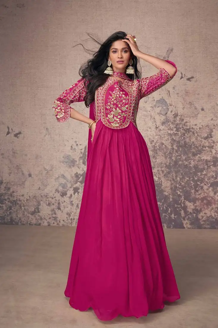 Pink embroidery & sequins work chinnon silk gown suit - free size stitched (size upto 42")