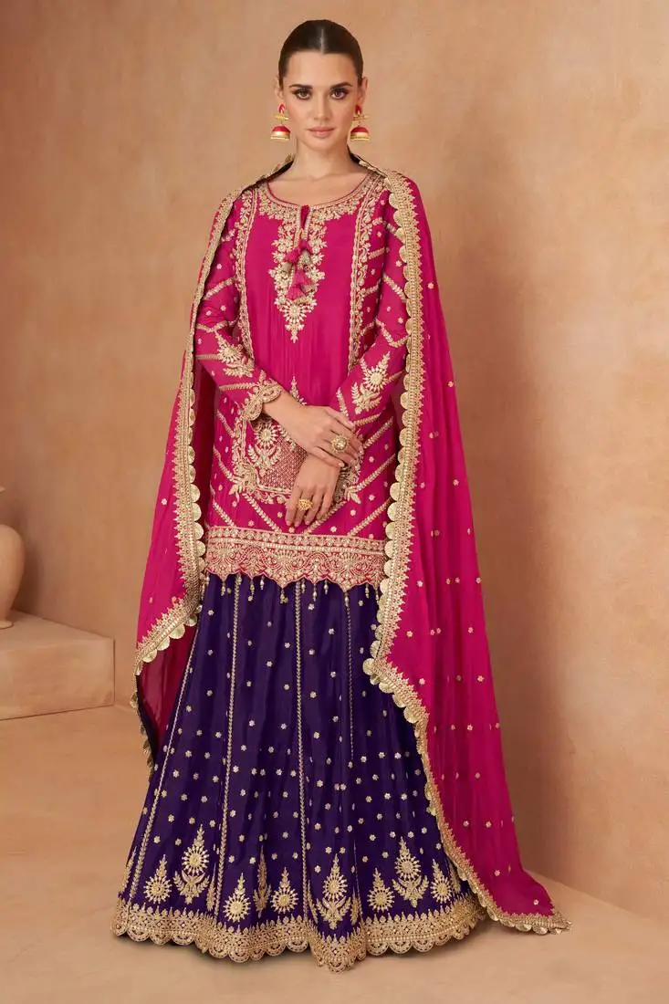 Pink embroidery & mirror work chinnon straight lehenga suit - free size stitched (size upto 42")