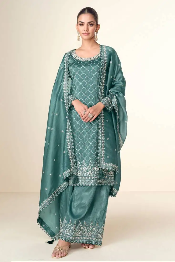 Teal green embroidery & sequins work tissue crush straight palazzo suit - free size stitched (size upto 42")